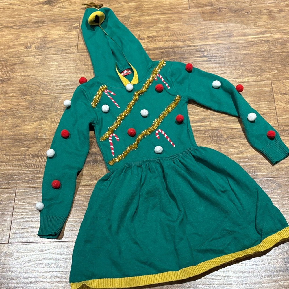 Kids Green Holiday Christmas Tree dress with Hood and Pom Poms